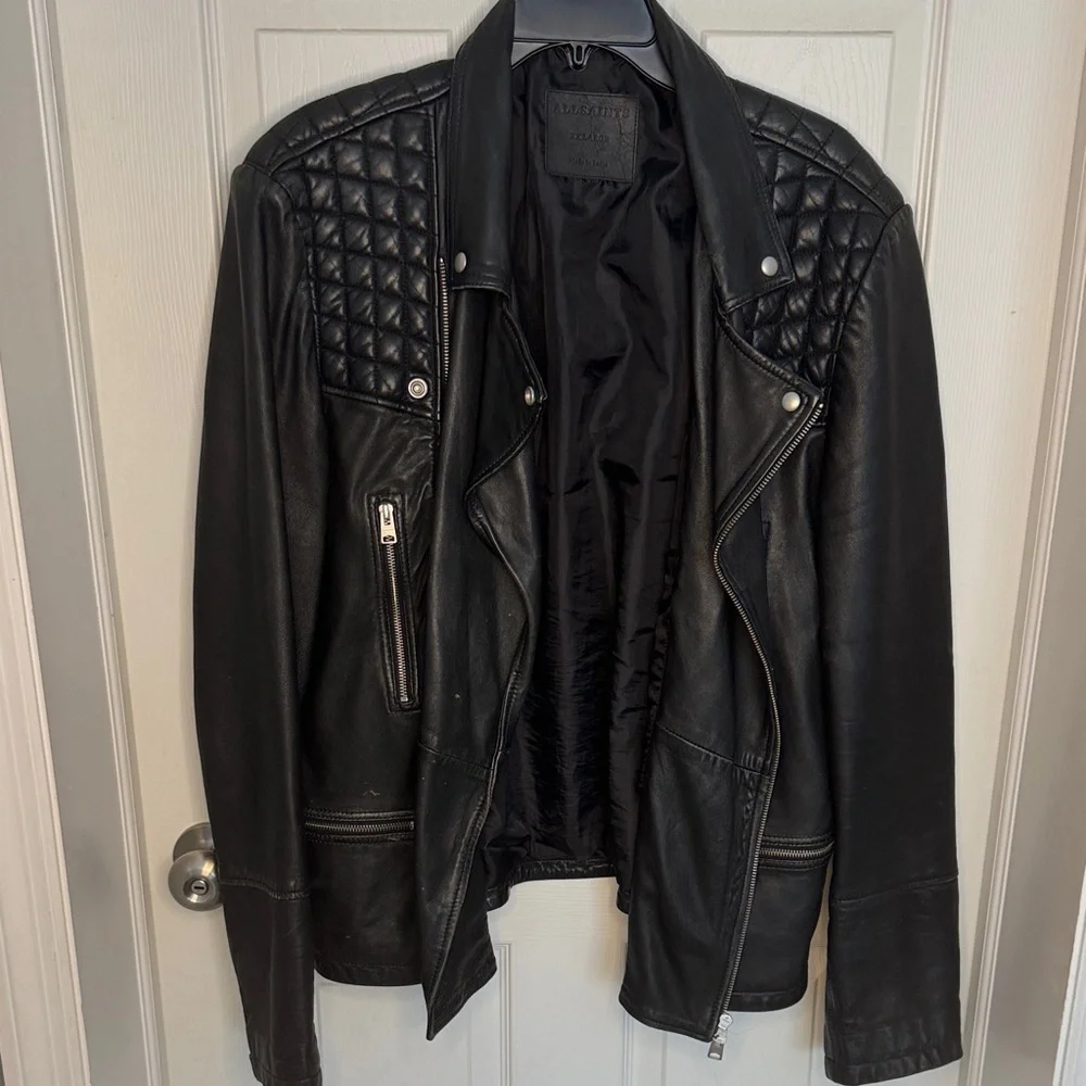 All Saints Mens Black Leather Biker Jacket with Quilted Shoulders